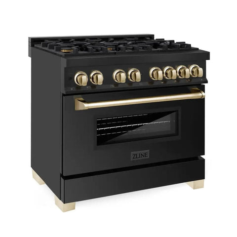 ZLINE Autograph Edition 36" 4.6 cu. ft. Dual Fuel Range with Gas Stove and Electric Oven in Black Stainless Steel with Gold Accents (RABZ-36-G)