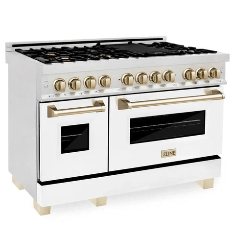 ZLINE Autograph Edition 48 Inch 6.0 cu. ft. Dual Fuel Range with Gas Stove and Electric Oven in DuraSnow Stainless Steel with White Matte Door with Accents (RASZ-WM-48)