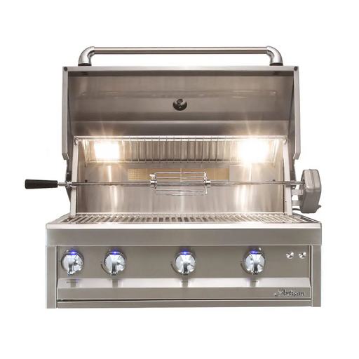 Artisan Professional 36 Inch 3 Burner Stainless Steel Built In Propane Gas Grill With Rotisserie Open