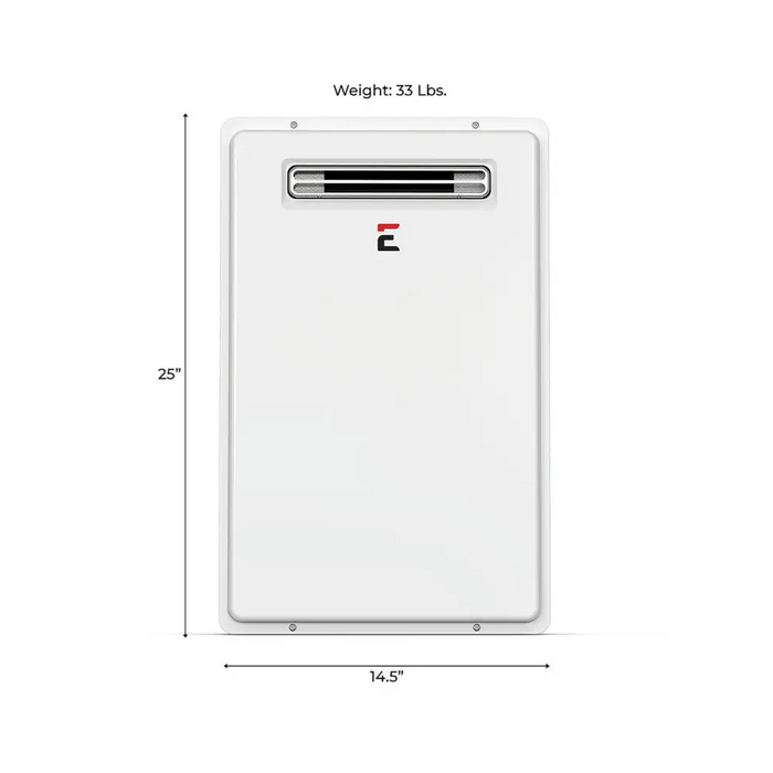 Eccotemp 20H Outdoor 6.0 GPM Liquid Propane Tankless Water Heater Front View with Dimensions