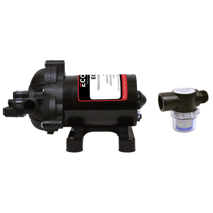 Eccotemp EccoFlo Triplex Diaphragm 12V Water Pump and Strainer Side View