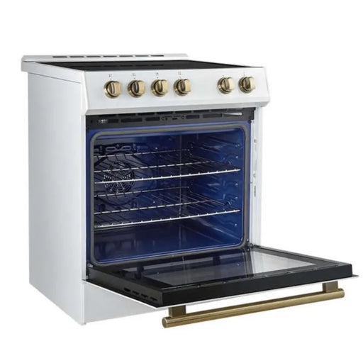 Forno Leonardo Espresso 30 Inch 5.0 CU. FT. Slide-In Induction Range White Antique Brass Open
