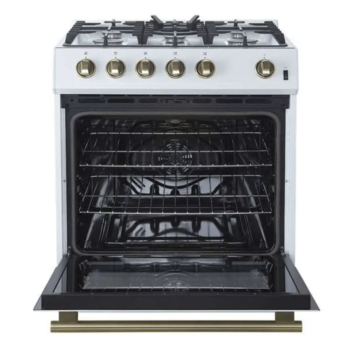 Forno Leonardo Espresso 30 Inch 5 CU. FT. Gas Range with 5 Burners and Single Convection Oven White Antique Brass Open