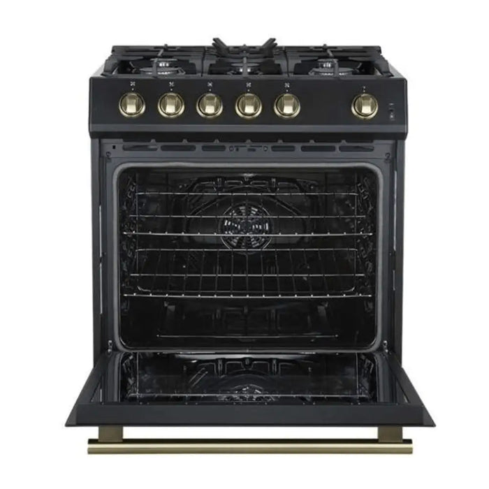 Forno Leonardo Espresso 30 Inch 5 CU. FT. Gas Range with 5 Burners and Single Convection Oven Black Antique Brass Open