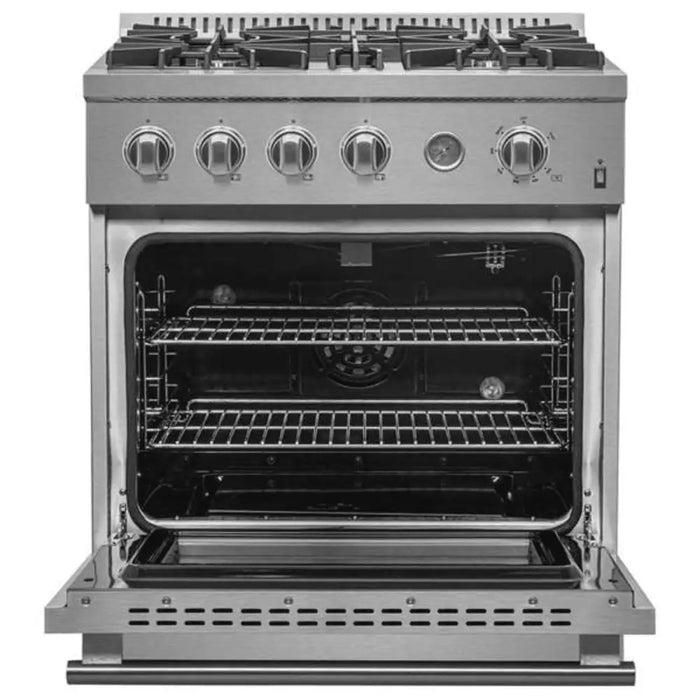 Forno Marco 30 Inch 4.32 CU. FT. Freestanding Gas Range Stainless Steel with 4 Burners and Convection Oven Front View Open