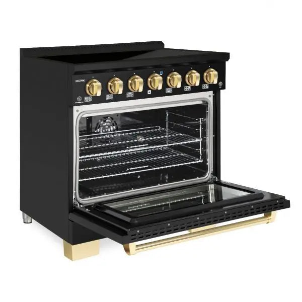 Hallman Bold 36 Inch Induction Range With Brass Trim Glossy Black Side View Open