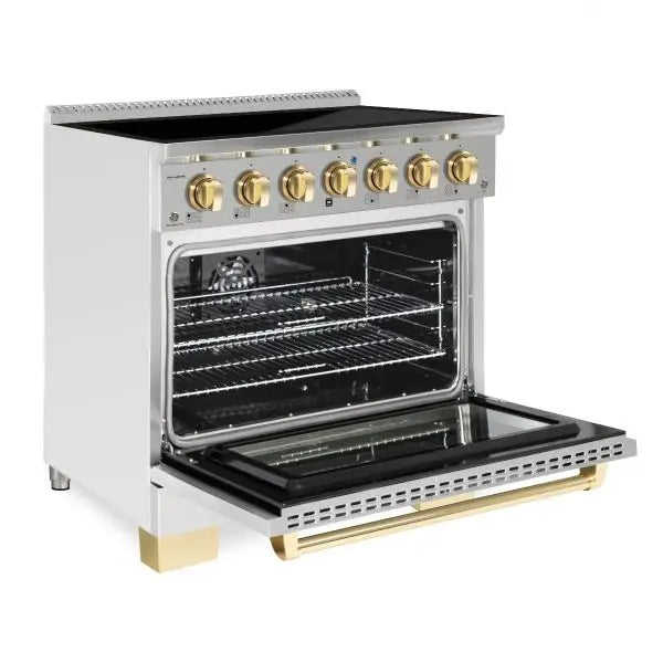 Hallman Bold 36 Inch Induction Range With Brass Trim Stainless Steel Side View Open