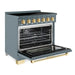 Hallman Bold 36 Inch Induction Range With Brass Trim Blue Grey Side View Open