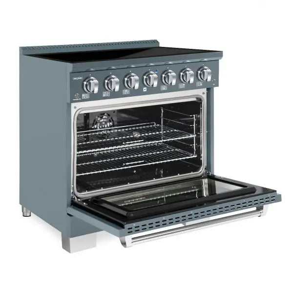 Hallman Bold 36 Inch Induction Range With Chrome Trim Blue Grey Side View Open