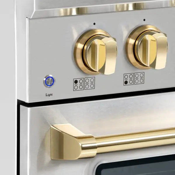 Hallman Bold 48 Inch Induction Range With Brass Trim Knobs and Light Button