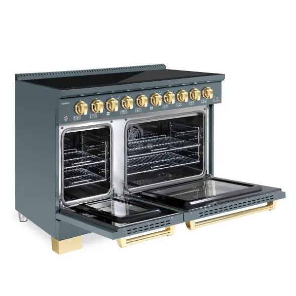 Hallman Bold 48 Inch Induction Range With Brass Trim Blue Grey Side View Open