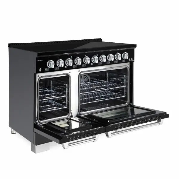 Hallman Bold 48 Inch Induction Range With Chrome Trim Glossy Black Side View Open