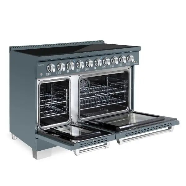 Hallman Bold 48 Inch Induction Range With Chrome Trim Blue Grey Side View Open