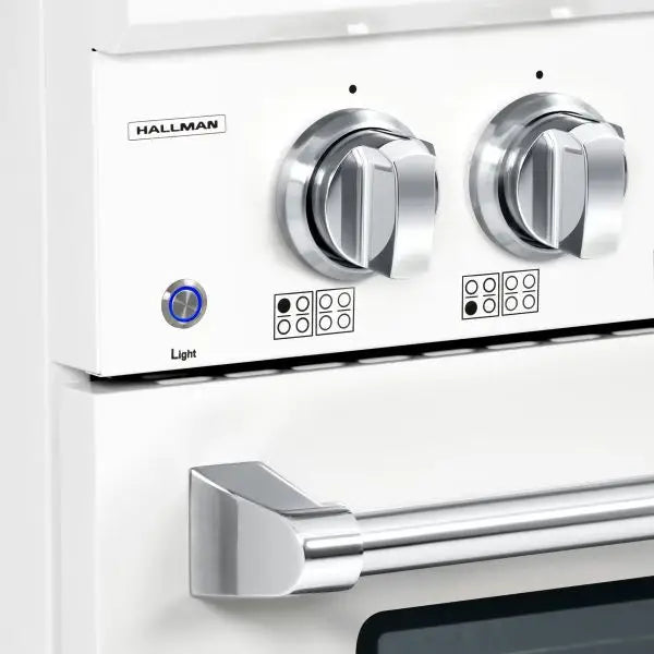 Hallman Bold Series 30 Inch Dual Fuel Freestanding Range With Chrome Trim Knobs and Light BUtton
