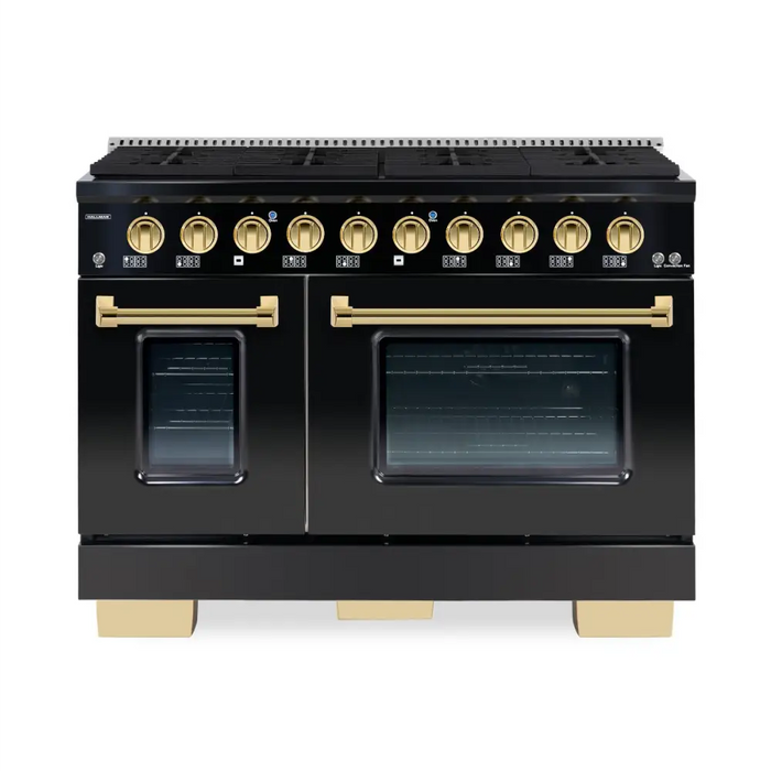 Hallman Bold Series 48 Inch Gas Freestanding Range With Brass Trim Glossy Black