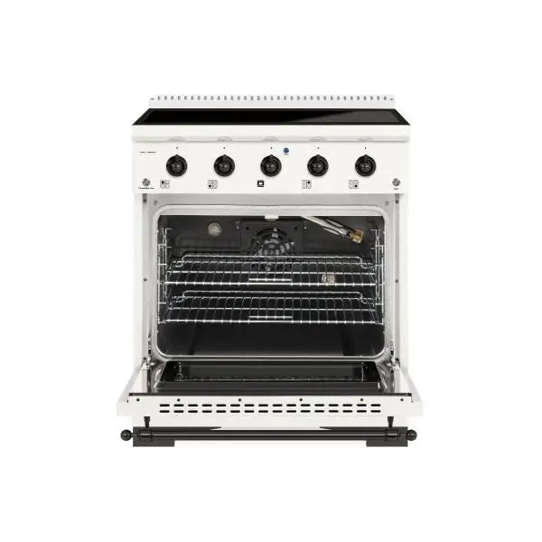 Hallman Classico 30 Inch Induction Range In White With Black Stainless Trim Front View Open