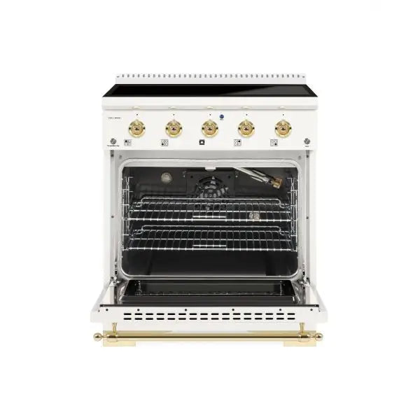 Hallman Classico 30 Inch Induction Range With Brass Trim White Front View Open