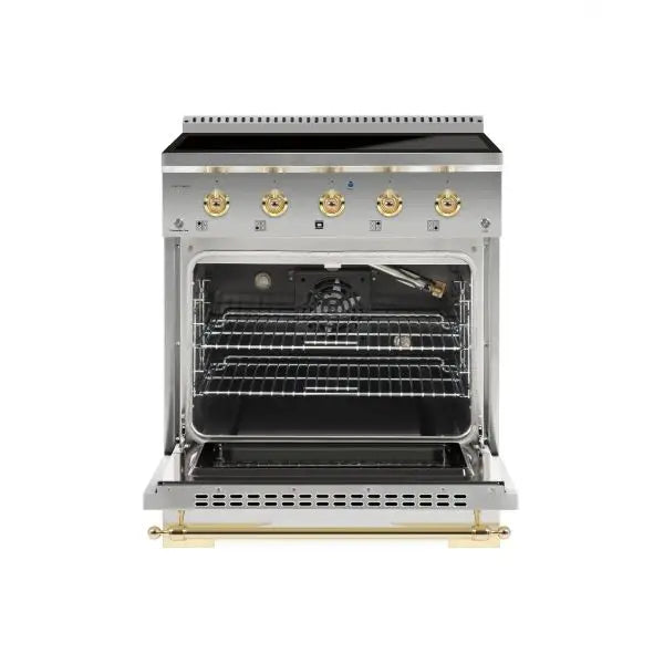 Hallman Classico 30 Inch Induction Range With Brass Trim Stainless Steel Front View Open