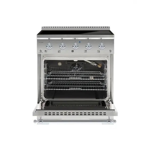 Hallman Classico 30 Inch Induction Range With Chrome Trim Stainless Steel Front View Open