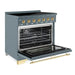 Hallman Classico 36 Inch Induction Range With Brass Trim Blue Grey Side View Open