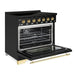 Hallman Classico 36 Inch Induction Range With Brass Trim Glossy Black Side View Open