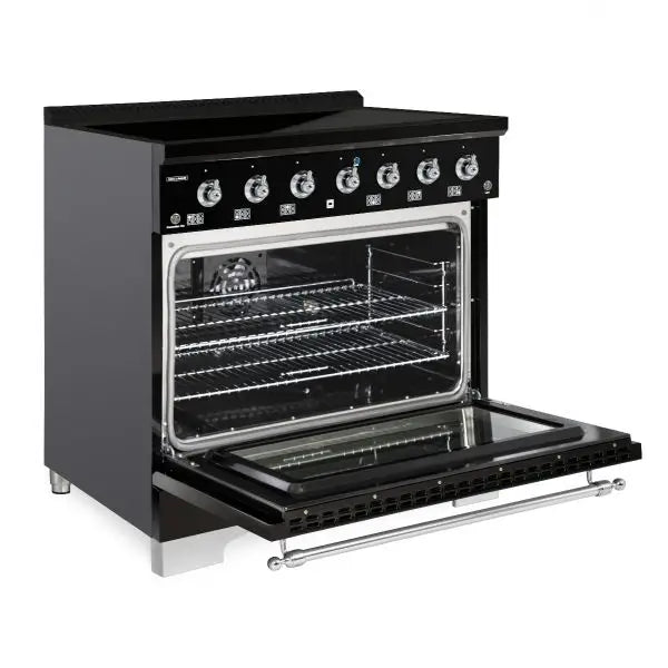 Hallman Classico 36 Inch Induction Range With Chrome Trim Glossy Black Side View Open
