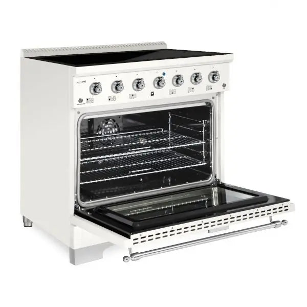 Hallman Classico 36 Inch Induction Range With Chrome Trim Antique White Side View Open