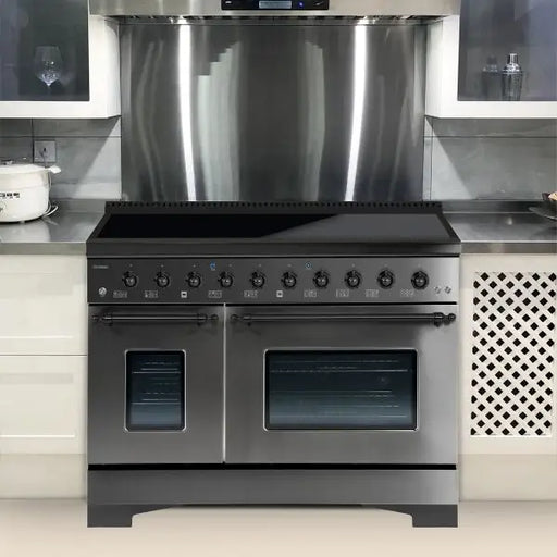 Hallman Classico 48 Inch Induction Range In Black Stainless With Black Stainless Trim Installed