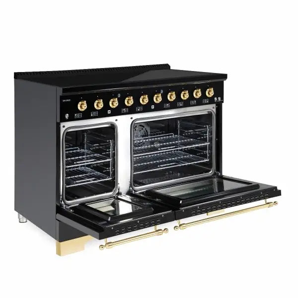 Hallman Classico 48 Inch Induction Range With Brass Trim Glossy Black Side View Open