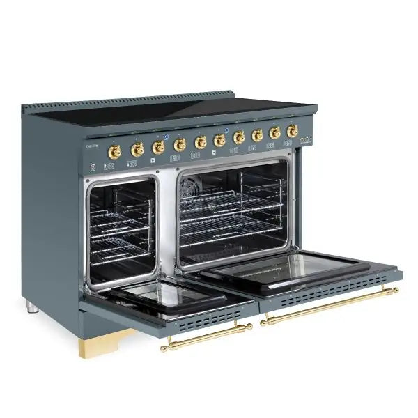 Hallman Classico 48 Inch Induction Range With Brass Trim Blue Grey Front View Open