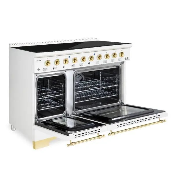 Hallman Classico 48 Inch Induction Range With Brass Trim White Side View Open