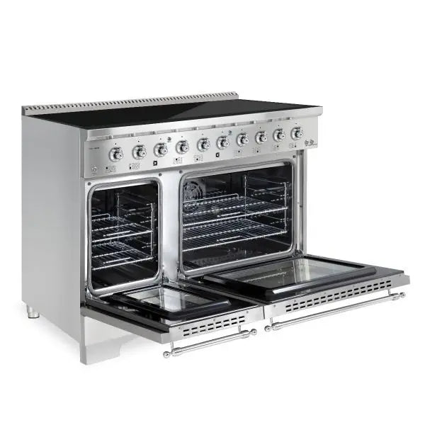 Hallman Classico 48 Inch Induction Range With Chrome Trim Stainless Steel Side View Open