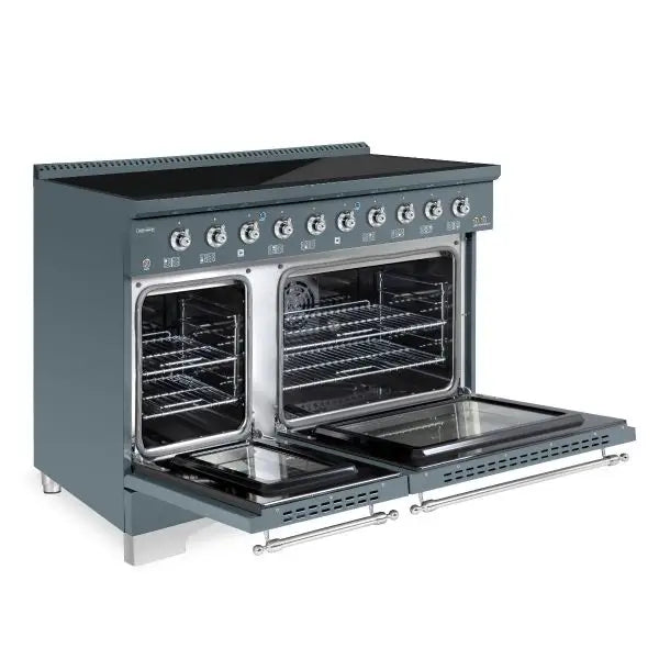 Hallman Classico 48 Inch Induction Range With Chrome Trim Blue Grey Side View Open