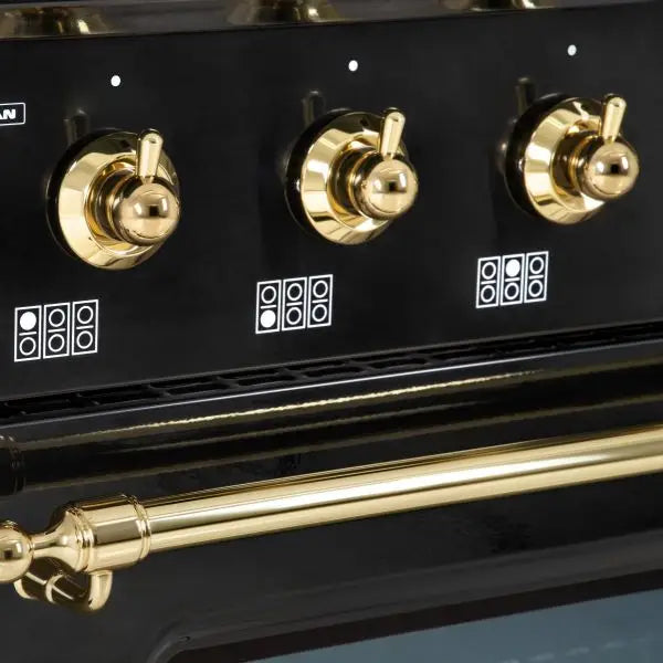 Hallman Classico Series 36 Inch Dual Fuel Freestanding Range With Brass Trim Knobs