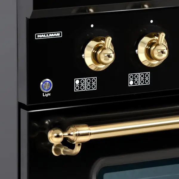 Hallman Classico Series 36 Inch Dual Fuel Freestanding Range With Brass Trim Knobs and Light Button
