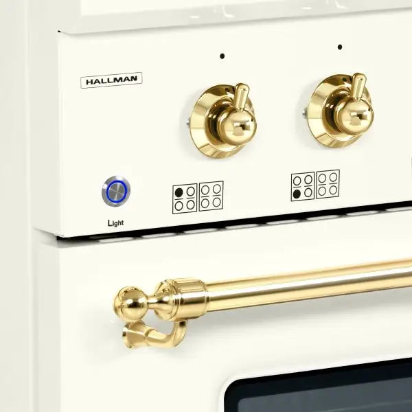 Hallman Classico Series 48 Inch Gas Freestanding Range With Brass Trim Knobs and Light Button