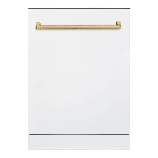 Hallman Industries 24 Inch 42 Decibel Dishwasher with Adjustable Rack, Tall Tub in Stainless Steel, Brass Trim, and Bold Brass Handle White