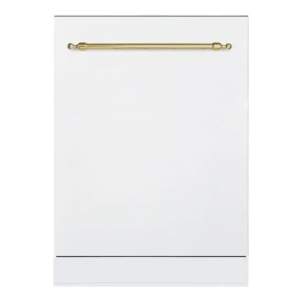 Hallman Industries 24 Inch 42 Decibel Dishwasher with Adjustable Rack, Tall Tub in Stainless Steel, Brass Trim, and Classico Brass Handle White