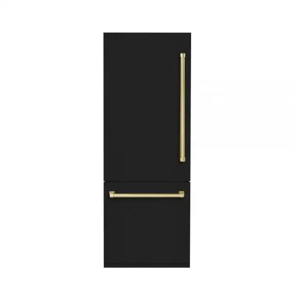 Hallman Industries 30 Inch Bottom Mount Freezer Refrigerator Built In, with Interior Filtered Water Dispenser and Automatic Ice Maker, and Hinge in Bold Brass Trim with Glossy Black Panel Left Hand