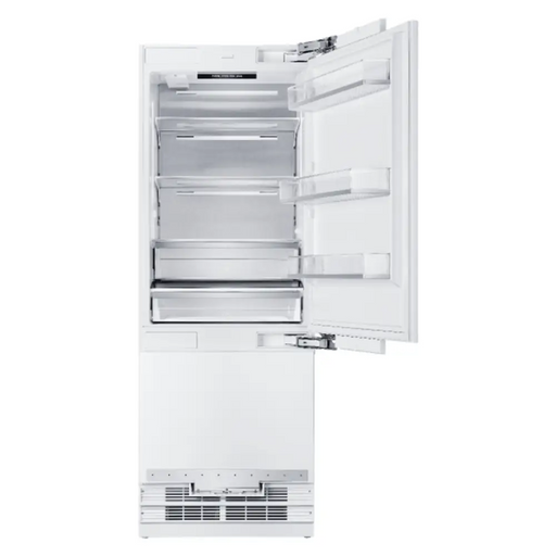 Hallman Industries 30 Inch Bottom Mount Freezer Refrigerator Built In, with Interior Filtered Water Dispenser and Automatic Ice Maker, and Hinge in Chrome Trim with White Panel Right Hand Right Hand Inner View