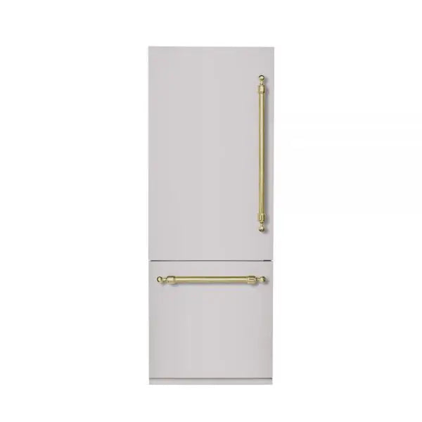 Hallman Industries 30 Inch Bottom Mount Freezer Refrigerator Built In, with Interior Filtered Water Dispenser and Automatic Ice Maker, and Hinge in Classico Brass Trim with Stainless Steel Panel Left Hand