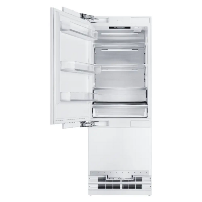 Hallman Industries 30 Inch Bottom Mount Freezer Refrigerator Built In, with Interior Filtered Water Dispenser and Automatic Ice Maker, and Hinge in Chrome Trim with White Panel Left Hand Inner View
