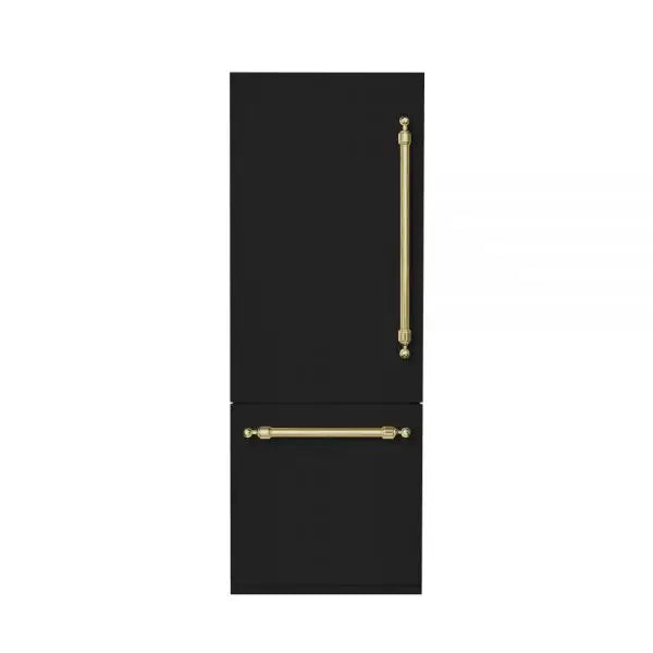Hallman Industries 30 Inch Bottom Mount Freezer Refrigerator Built In, with Interior Filtered Water Dispenser and Automatic Ice Maker, and Hinge in Classico Brass Trim with Glossy Black Panel Left Hand
