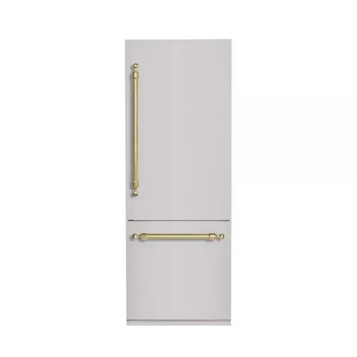 Hallman Industries 30 Inch Bottom Mount Freezer Refrigerator Built In, with Interior Filtered Water Dispenser and Automatic Ice Maker, and Hinge in Classico Brass Trim with Stainless Steel Panel Right Hand