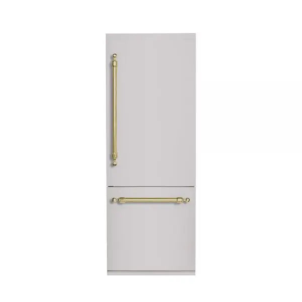 Hallman Industries 30 Inch Bottom Mount Freezer Refrigerator Built In, with Interior Filtered Water Dispenser and Automatic Ice Maker, and Hinge in Classico Brass Trim with Stainless Steel Panel Right Hand