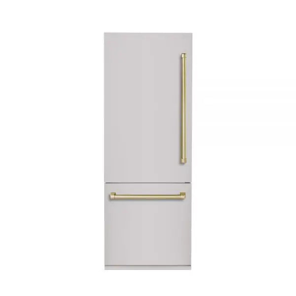 Hallman Industries 30 Inch Interior Filtered Water Dispenser and Bottom Mount Freezer Refrigerator Built In, with Automatic Ice Maker, and Hinge in Bold Brass Trim with Stainless Steel Panel Left Hand