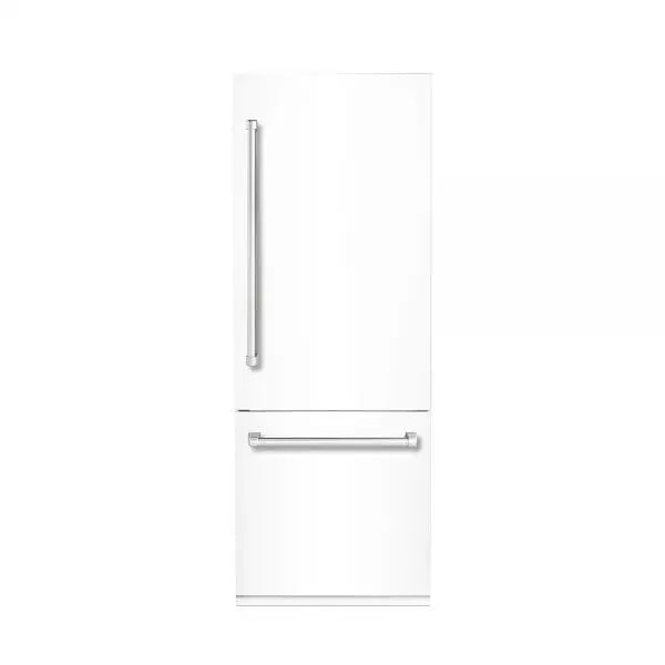Hallman Industries 30 Inch Bottom Mount Freezer Refrigerator Built In, with Interior Filtered Water Dispenser and Automatic Ice Maker, and Hinge in Chrome Trim with White Panel Right Hand