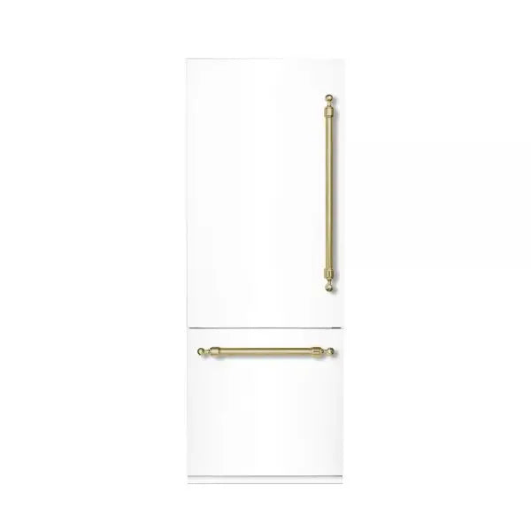 Hallman Industries 30 Inch Bottom Mount Freezer Refrigerator Built In, with Interior Filtered Water Dispenser and Automatic Ice Maker, and Hinge in Classico Brass Trim with White Panel Left Hand