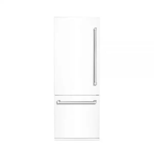 Hallman Industries 30 Inch Bottom Mount Freezer Refrigerator Built In, with Interior Filtered Water Dispenser and Automatic Ice Maker, and Hinge in Chrome Trim with White Panel Left Hand