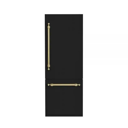 Hallman Industries 30 Inch Bottom Mount Freezer Refrigerator Built In, with Interior Filtered Water Dispenser and Automatic Ice Maker, and Hinge in Classico Brass Trim with Glossy Black Panel Right Hand